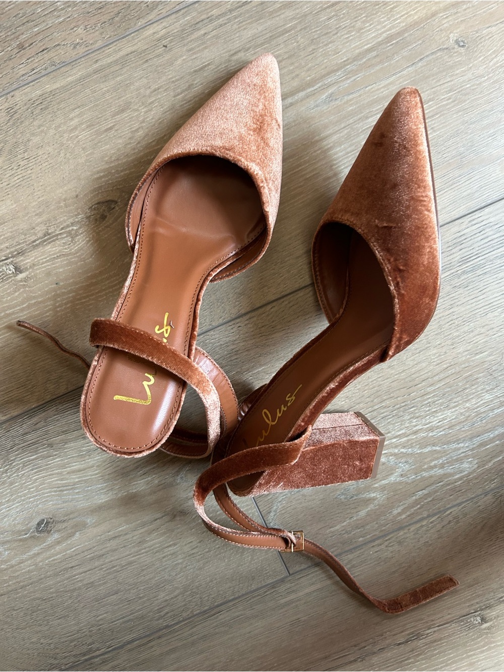 Viki Copper Velvet Pointed-Toe Ankle Strap Pumps